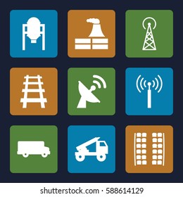 station icons set. Set of 9 station filled icons such as tank, signal tower, plane seats, factory, railway, satellite, truck rocket