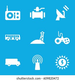 Station icons set. set of 9 station filled icons such as airport bus, joystick, pump, signal, satellite, sun battery, observation military tower, radio
