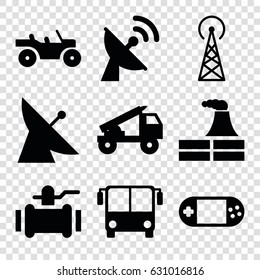 Station icons set. set of 9 station filled icons such as signal tower, satellite, airport bus, factory, pump, portable console, truck rocket