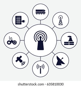 Station icons set. set of 9 station filled icons such as signal tower, satellite, factory, joystick, signal, solar panel
