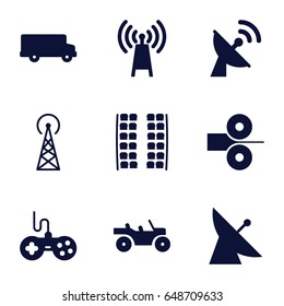 Station icons set. set of 9 station filled icons such as signal tower, satellite, plane seats, joystick, paper press, weapon truck, transmitter
