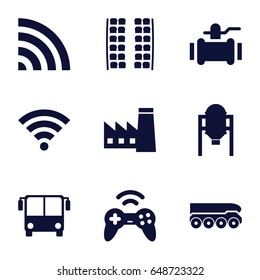 Station icons set. set of 9 station filled icons such as tank, airport bus, plane seats, factory, pump, wi-fi, joystick