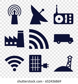 Station icons set. set of 9 station filled icons such as satellite, factory, radio, signal, wi-fi, solar panel, observation military tower