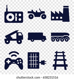 Station icons set. set of 9 station filled icons such as factory, railway, joystick, solar panel, truck rocket, weapon truck, radio