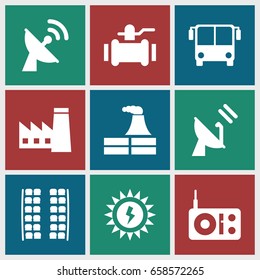 Station icons set. set of 9 station filled icons such as airport bus, plane seats, factory, pump, satellite, sun battery