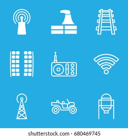 Station icons set. set of 9 station filled and outline icons such as plane seats, factory, signal, signal tower, tank, railway, radio, wi-fi