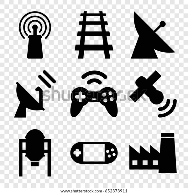 Station icons\
set. set of 9 station filled icons such as tank, satellite,\
factory, railway, signal, portable\
console