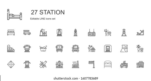 station icons set. Collection of station with bed, metro, factory, fire station, hubble space telescope, gym minerals, underground. Editable and scalable icons.