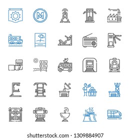 station icons set. Collection of station with train, industry, satellite dish, subway entrance, antenna, gas, gym station, underground, signal. Editable and scalable icons.