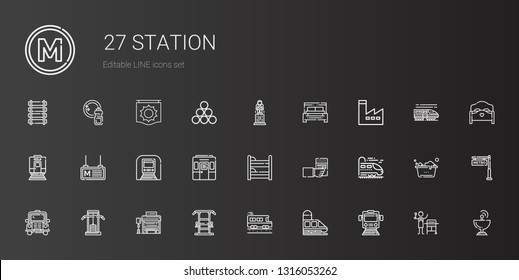 station icons set. Collection of station with train, school bus, gym station, bus stop, bus, radio, bunk, underground, metro, factory, bed. Editable and scalable icons.