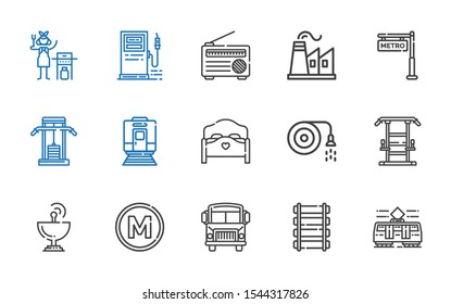 station icons set. Collection of station with tram, rail, school bus, metro, satellite dish, gym station, hose, bed, train, factory, radio. Editable and scalable icons.