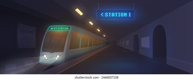 Station metro. Train in metro station. Underground interior. Vector illustration