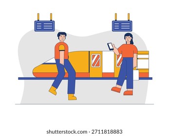 At a station with passengers coming and going, fast public transportation. Character design. Vector flat illustration