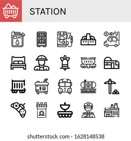 station simple icons set. Contains such icons as Coal, Oil, Vending machine, Electric car, Factory, Electric vehicle, Bed, Fireman, Bell, can be used for web, mobile and logo