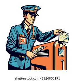 Station staff conductor with ticket icon isolated