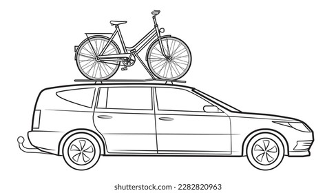 Station wagon car with bicycle on the rooftop vector stock illustration.