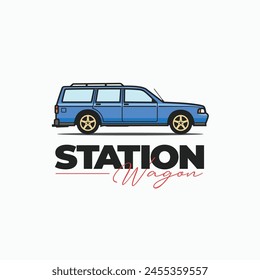 Station wagon car colorful side view cartoon vector illustration. Car logo, poster, tee print design