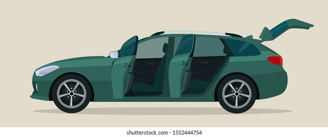 Station wagon car with open driver's and passenger doors, side view. Vector illustration.