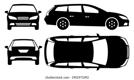 Station wagon car silhouette on white background. Vehicle icons set view from side, front, back, and top
