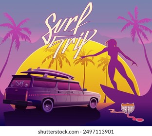 Carro de la estación con tablas de surf, silueta de la muchacha del surfista que monta una ola, puesta del sol contra las palmeras. Vacaciones o ocio en la costa, viaje por carretera, collage de póster de Vector, colores vibrantes.