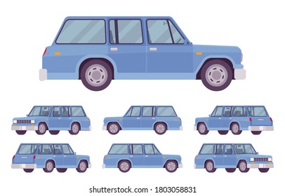 Station wagon, estate car blue set. Large family auto, urban and country comfortable transportation, classic automobile for business service. Vector flat style cartoon illustration, different views