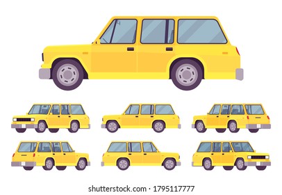 Station wagon, estate car yellow set. Large family auto, urban and country comfortable transportation, classic automobile for business service. Vector flat style cartoon illustration, different views