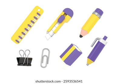 stationary 3D vector icon set on white background. for design need, animation, game, apps, Ui Design, web design, Presentation, flyer or poster, social media advertising, content creator, and other