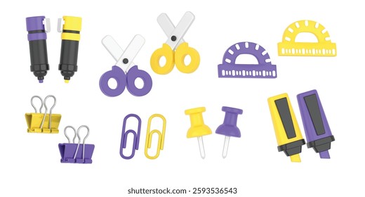 stationary 3D vector icon set on white background. for design need, animation, game, apps, Ui Design, web design, Presentation, flyer or poster, social media advertising, content creator, and other