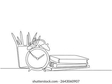 Stationary, alarm clock and books stack one line art drawing isolated on white background.