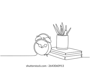 Stationary, alarm clock and books stack one line art drawing isolated on white background.