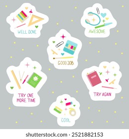 Stationary, art, science or back to school vector motivation sticker pack for day planner and study routine. 
