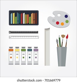 Stationary and art tools. Template for creative illustration. Tools of painter. Set of palette, paints, ruler and paper. Collection for school. Inspiration for your design