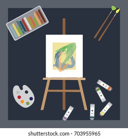 Stationary and art tools. Template for creative illustration. Tools of painter. Set of palette, paints, ruler and paper. Collection for school. Inspiration for your design. Easel and chalk for drawing