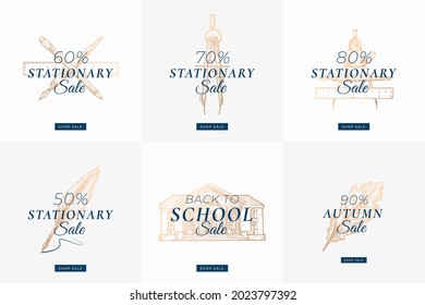 Stationary Autumn Sale Set. Abstract Vector Labels, Signs or Card Templates Collection. Hand Drawn School Building, Pen, Pencil, Compas and Ruler Sketch Illustrations with Shop Sale Button. Isolated.