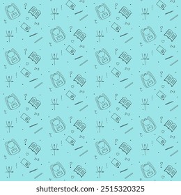 Stationary or back to school concept vector seamless pattern in graphic or doodle style with backpack, heart, book, notebook, ruler, pencil and other educational supplies.