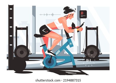 Ilustración vectorial de la actividad de ciclismo estacional y gimnasia. Equipo para entrenamiento cardiovascular de estilo plano. El deporte, el concepto de salud