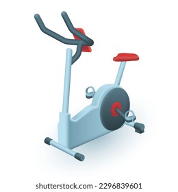 Stationary bike 3d vector illustration. Gym equipment for fitness and cycling training in cartoon style isolated on white background. Sport, hobby, workout concept