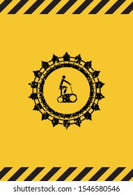 stationary bike icon black grunge emblem with yellow background. Vector Illustration. Detailed.