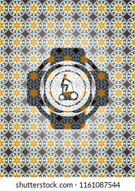 stationary bike icon inside arabesque style emblem. arabic decoration.