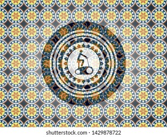 stationary bike icon inside arabesque style badge. arabic decoration.