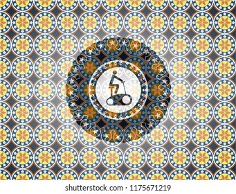 stationary bike icon inside arabic badge background. Arabesque decoration.