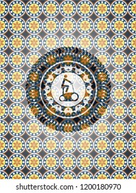 stationary bike icon inside arabic style badge. Arabesque decoration.
