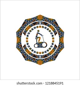 stationary bike icon inside arabic style emblem. Arabesque decoration.