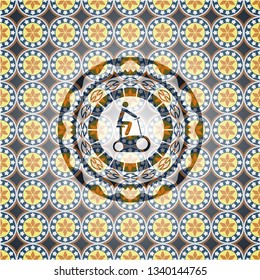 stationary bike icon inside arabic style emblem. Arabesque decoration.