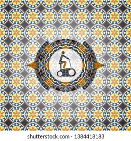 stationary bike icon inside arabic style emblem. Arabesque decoration.
