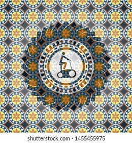 stationary bike icon inside arabic emblem. Arabesque decoration.