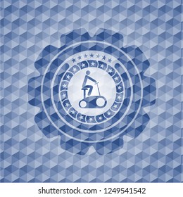stationary bike icon inside blue badge with geometric pattern background.