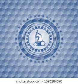 stationary bike icon inside blue badge with geometric background.