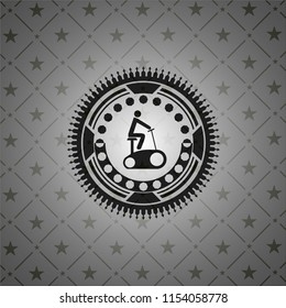 stationary bike icon inside dark emblem. Retro