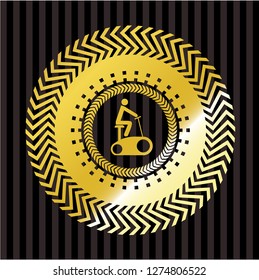 stationary bike icon inside gold badge or emblem